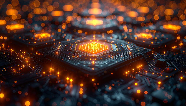 Digital Circuitry Symphony: An abstract close-up unveils an intricate network of glowing circuits, a visual representation of modern computing power and technological advancements.