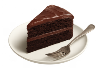 Chocolate cake slice with rich dark icing and fork on plate, ready for eating, transparent background