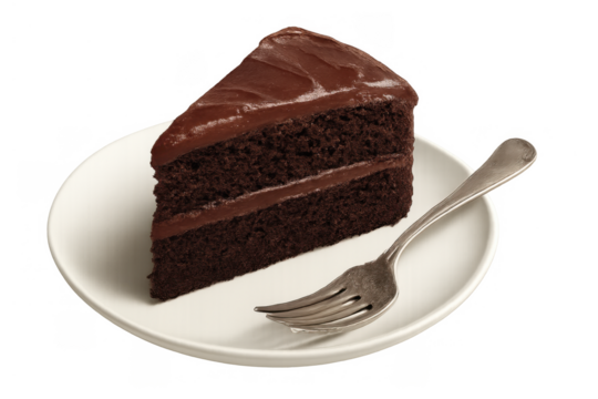 Chocolate cake slice with rich dark icing and fork on plate, ready for eating, transparent background