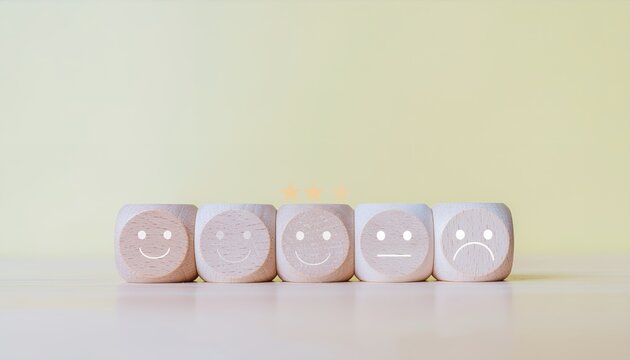 Emotional Spectrum - Five Cubes Displaying Diverse Facial Expressions from Happy to Sad.