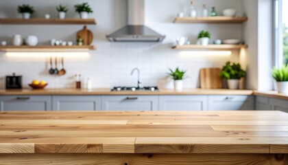 Empty wooden kitchen counter with blurred modern kitchen background.