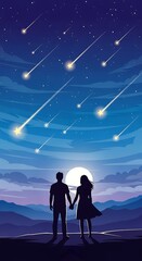 Fototapeta premium Couple Holding Hands Watching Meteor Shower Under Full Moon.
