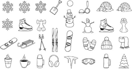 Hand-Drawn Winter  Snow Line Icons Set. Vector collection of cold weather activities, sports equipment, clothing, holidays (Christmas, New Year), and seasonal elements.
