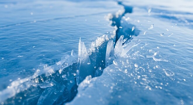Ice Cracks in Frozen Water Surface with Sharp Ice Fragments and Blue Tones