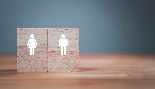 Gender equality concept with male and female icons on wooden blocks.