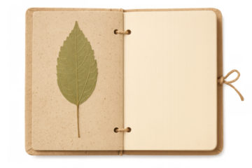 Open rustic journal displaying a pressed green leaf on kraft paper, with blank aged page and string tie, transparent background