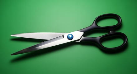 A pair of black and white scissors with a blue pivot on a vibrant green background, showcasing a common household or office tool used for cutting paper and fabric