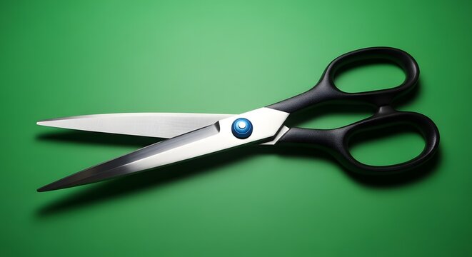 A pair of black and white scissors with a blue pivot on a vibrant green background, showcasing a common household or office tool used for cutting paper and fabric - Powered by Adobe
