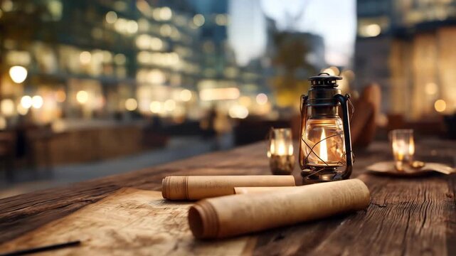 Antique lantern map and document on wooden table with city background