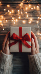 Hands holding wrapped gift box with red ribbon bow on wooden table with golden bokeh lights
