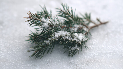 Frosted pine branch with snow on white surface creating winter seasonal background
