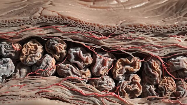 Skin under sodium-induced dehydration, the surface glistens faintly under harsh light, texture dry and taut, the cells shrink and and contract, their membranes drawn inward as moisture flees 