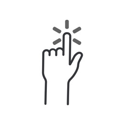 Isolated pictogram of an outline index finger tapping with a click symbol, representing touch, click, press, or mouse action.