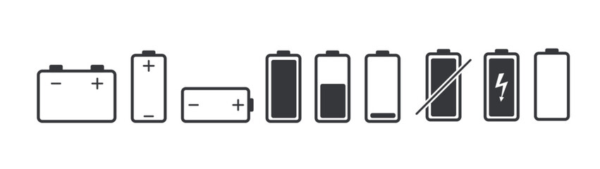 Bundle set icon of various battery symbols: accumulator, battery percentage, charging, no-power battery, and battery positive negative indicator.