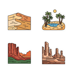 Desert Landscape Illustrations - Dunes, Oasis, Canyon, and Buttes.