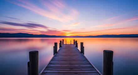 Obraz premium Serene wooden dock extending into calm lake at sunset soft reflections
