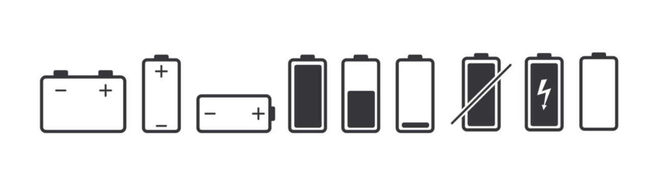 Bundle set icon of various battery symbols: accumulator, battery percentage, charging, no-power battery, and battery positive negative indicator.