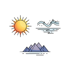 Minimalist Landscape Illustration with Sun, Waves, and Mountains.