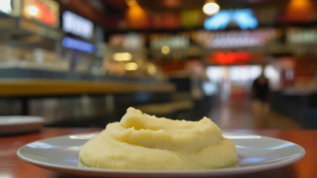 Creamy mashed potatoes artfully presented on a white plate, the smooth texture inviting a delightful dining experience. The background subtly suggests the ambiance of a restaurant or dining setting.
