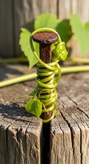 A creative and eco-friendly garden art piece featuring a rusty nail with green vines and leaves growing around it, set on a weathered wooden surface outdoors