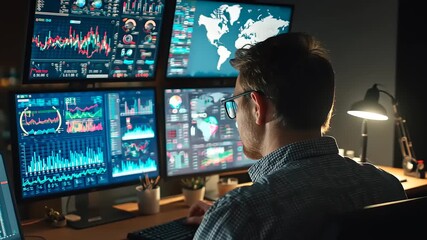 Analyst monitoring financial data on multiple screens in a dimly lit office with global maps displayed - Powered by Adobe