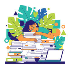 Obraz premium Illustration of a stressed employee overwhelmed by workload sleeping on documents