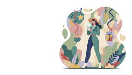 Fashionable woman uses smartphone surrounded by gifts and abstract nature
