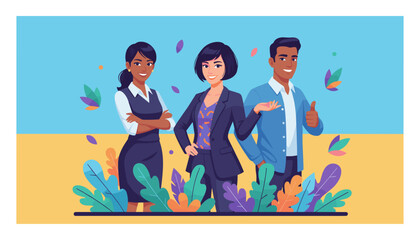 Diverse business team collaboration surrounded by nature elements representing growth and success