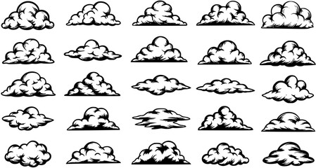 Set of Vintage Cartoon Clouds. Hand Drawn Black and White Sky Elements in Comic Book Style. Various Puffy Cloud Shapes for Weather, Nature, and Design Projects.