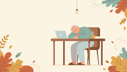 Tired senior man asleep at his desk next to a laptop during autumn