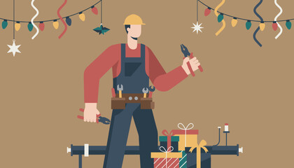Handyman working during Christmas surrounded by tools holiday lights and festive presents
