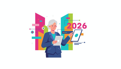 Businesswoman analyzing 2026 financial forecast data on digital devices