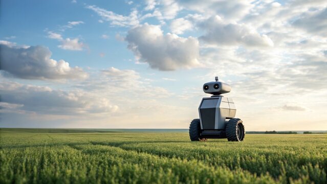 A futuristic robot stands in a green field under a cloudy sky, showcasing the blend of technology and nature.