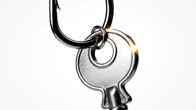 A shiny, metallic key dangles precariously from a sharp, curved hook against a bright, clean white background. The image suggests concepts of risk, vulnerability, security breaches, and potential dang