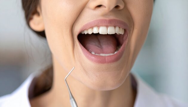 A woman with an open mouth at a dental check-up, showcasing her teeth and a dental tool.