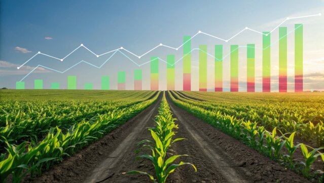 A vibrant agricultural landscape with growing crops and graphical data trends overlaying, symbolizing agricultural growth and analytics.