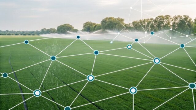 A lush green field with irrigation systems, overlaid with a digital network design, symbolizing smart agriculture and technology integration in farming.