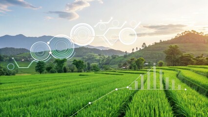 A serene landscape of lush green rice fields under a bright sky, complemented by graphical elements indicating growth and data analysis.