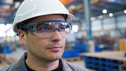 A focused worker in safety gear looks thoughtfully in a warehouse, highlighting the importance of safety and professionalism in the workplace.