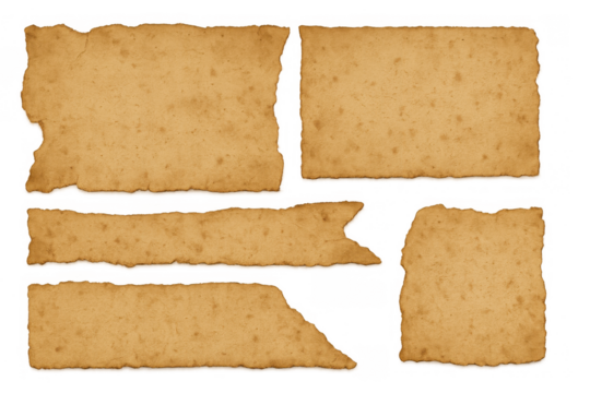 Aged parchment paper set with torn edges and textured surface, vintage scroll pieces on transparent background