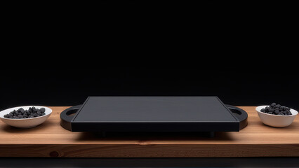 Black rectangular grill pan with handles on wooden board with two white bowls filled with black stones on each side, minimalistic and modern kitchenware setup with dark background