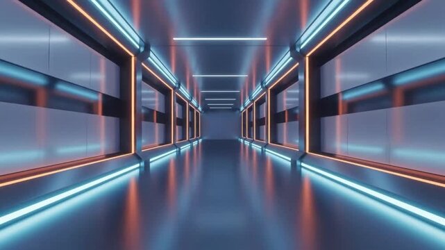A sleek, futuristic hallway extends into the distance, characterized by its luminous architectural design. Vibrant blue and orange neon lights illuminate the glossy, reflective surfaces, creating a dy