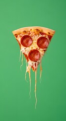 A close-up of a slice of pepperoni pizza with melted cheese stretching downward against a vibrant green background