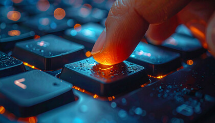 Digit's Data Interface: Close-up focus on a finger poised to press a button on a computer keyboard. It glows, indicating interaction and control in a high-tech context.