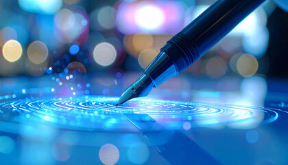 Digital Signature Creation: A close-up shot of a pen poised to digitally sign on a futuristic tablet, symbolizing the modern process of electronic authentication in a technology environment.