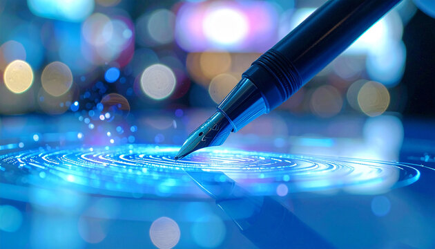 Digital Signature Creation: A close-up shot of a pen poised to digitally sign on a futuristic tablet, symbolizing the modern process of electronic authentication in a technology environment.