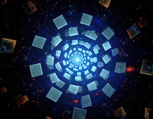 A digital cosmic tunnel with transparent cubes spiraling toward a glowing center
