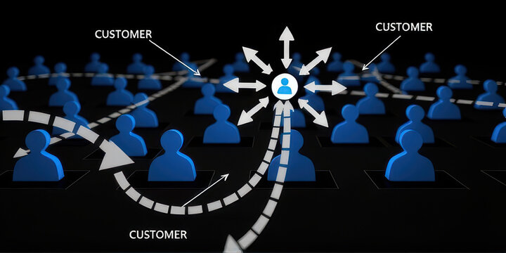 Customer network connection concept with blue user icons and white arrows showing communication flow and interaction in digital environment
