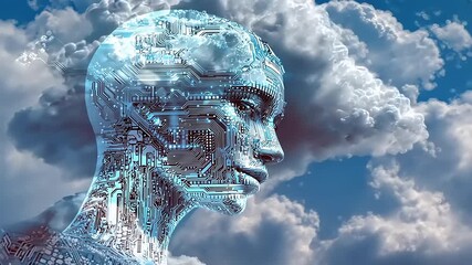 Futuristic human head silhouette made of circuitry against a cloudy sky, symbolizing AI and technology