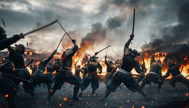 Samurai Warriors Fighting in Fiery Battlefield - Powered by Adobe